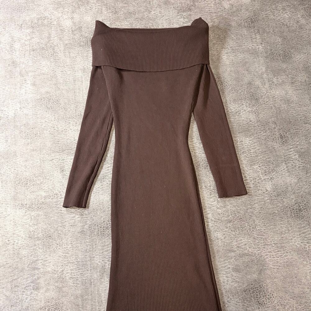 Brown Ribbed Knit Body Con Off the Shoulder Dress